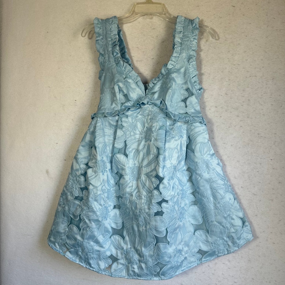 For Love & Lemons Blue Floral Embroidered Organza Mini Dress CD2351-SP21 Size S